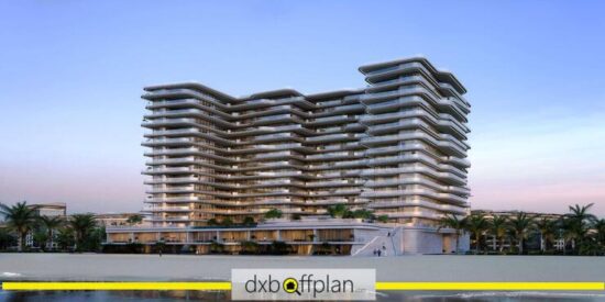 The Astera Exterior: Modern architectural facade of The Astera against Al Marjan Island's blue waters.