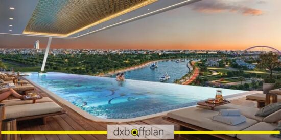 BAYZ 102 - Rooftop Pool: A stunning rooftop pool at BAYZ 102, surrounded by lounge chairs and offering panoramic views of the city.