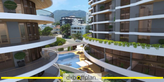 Communal pool area at CC Towers Apartments with sun loungers and relaxation space.