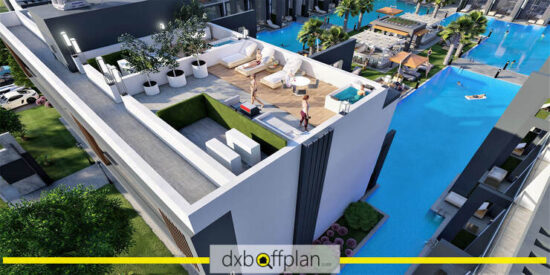 La Joya Residences’ rooftop terrace with panoramic views of the Mediterranean Sea.