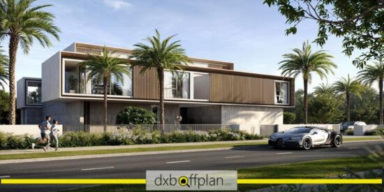 المنظر الخارجي لقصور لافيتا في واحة إعمار يعرض الهندسة المعمارية الحديثة والمناظر الطبيعية الخضراء.