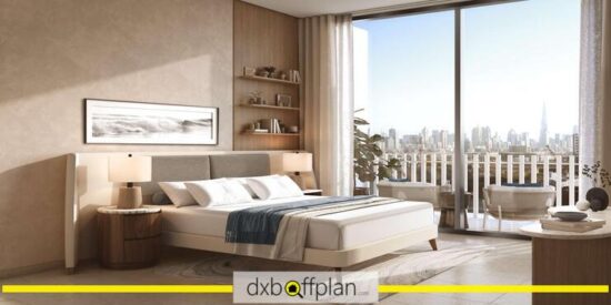 Saria: Modern bedroom with large windows offering city views.