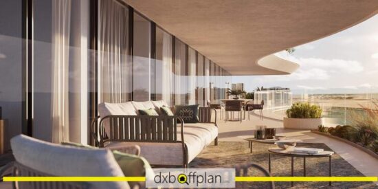 Elie Saab Apartments - Lounge Space: Contemporary lounge area with chic furniture and panoramic windows showcasing city views.