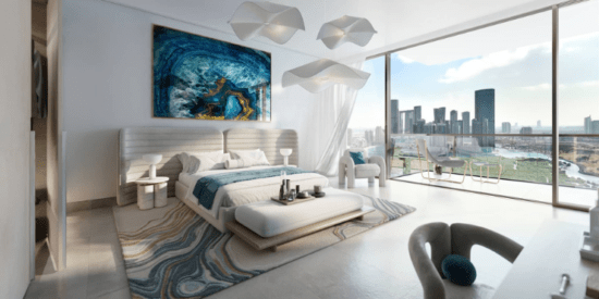 Rivage at Al Reem Island elegant bedroom with modern décor and waterfront views. 