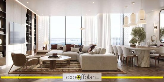 Reem Eleven Apartments - Living Room: Stylish living room with open spaces and city views.