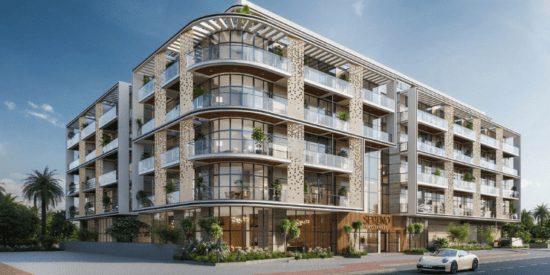 Modern exterior of Sereno Residences at JVC with sleek design.