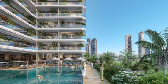 Poolside view of the luxury residence at Forest City Tower, Majan, Dubai.