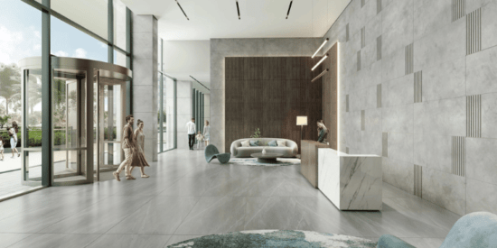Elegant lobby entrance at Serenova, Dubai Silicon Oasis.