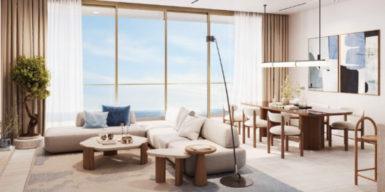Spacious living room in a luxury apartment at Flora Isle with premium finishes and expansive windows. 