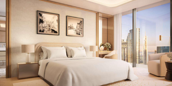 Mr. C Residences Downtown master bedroom with city views. 
