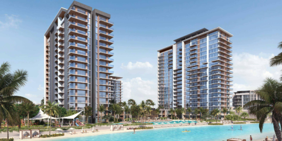 Swimming pool with stunning views at Naya 2 Apartments, District One, Dubai.