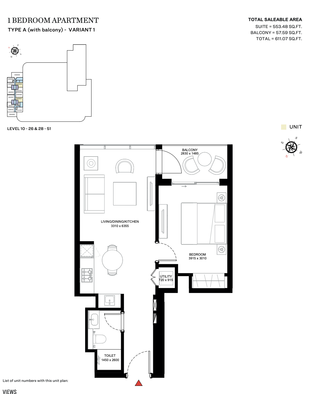 Type A (With Balcony) - Variant 1 - Tower A - 1BR