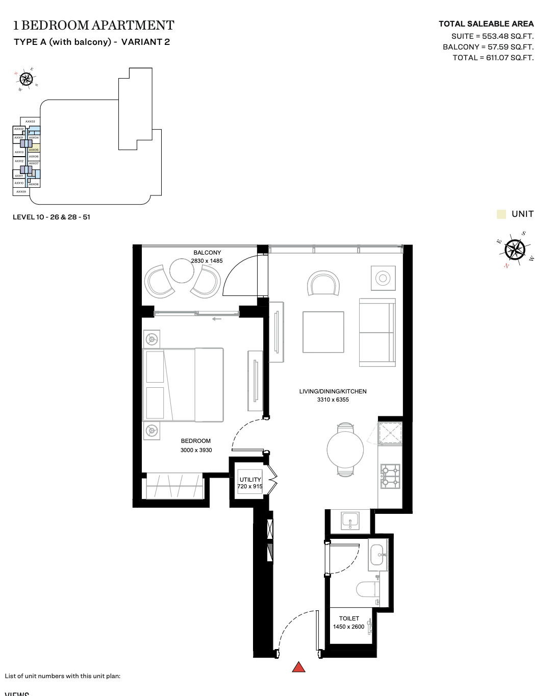 Type A (With Balcony) - Variant 2 - Tower A - 1BR